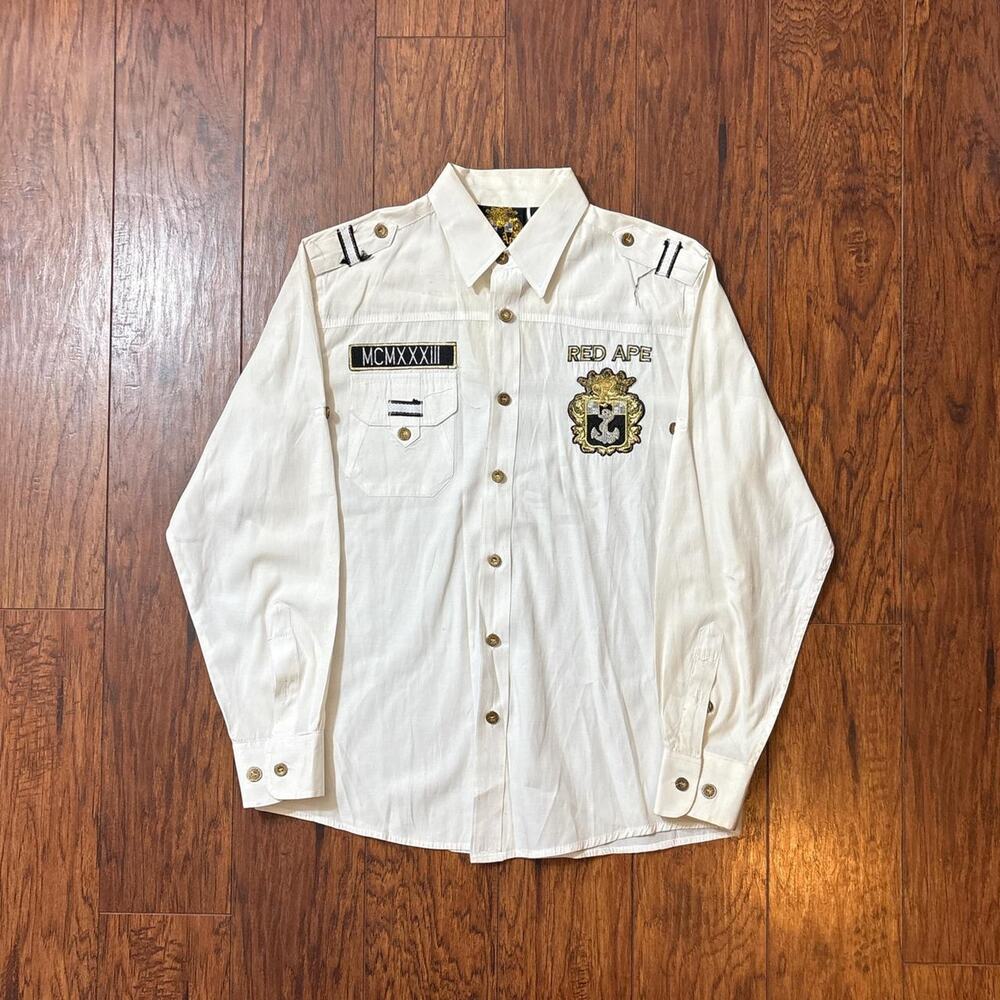 Vintage Red Ape Y2K 2000s Boys White Military Style Long Sleeve Button Up Shir